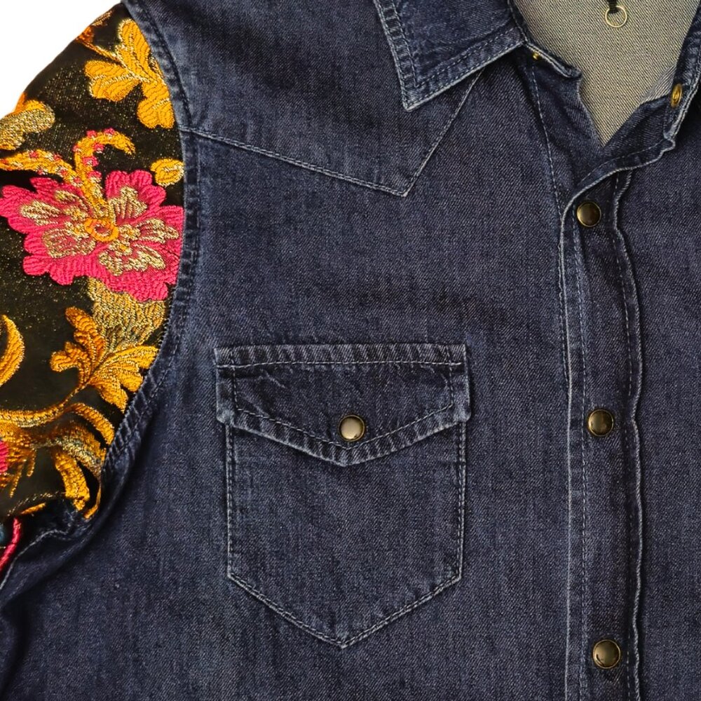 Vintage Denim Shirt Boho Jacket Embroidered Floral Ipekyol Size 6 Hi Low - Picture 3 of 11